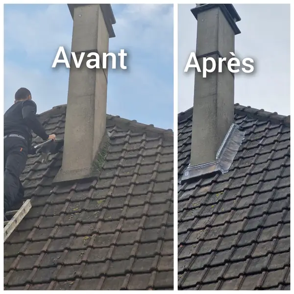 Solin de cheminée — avant / après, chantier M. Charpentier